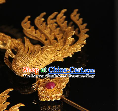 China Ancient Traditional Palace Headpiece Ming Dynasty Empress Hairpin Handmade Queen Golden Phoenix Hair Stick