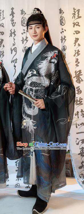 China Ancient Prince Embroidered Clothing Traditional Ming Dynasty Swordsman Black Robe Costumes for Men
