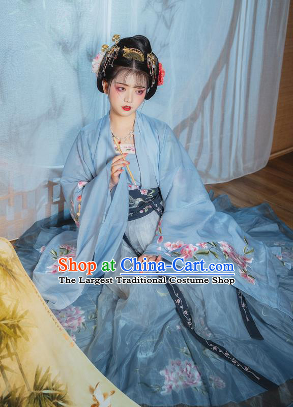 China Ancient Palace Princess Embroidered Clothing Traditional Blue Hanfu Dress Tang Dynasty Court Lady Costumes