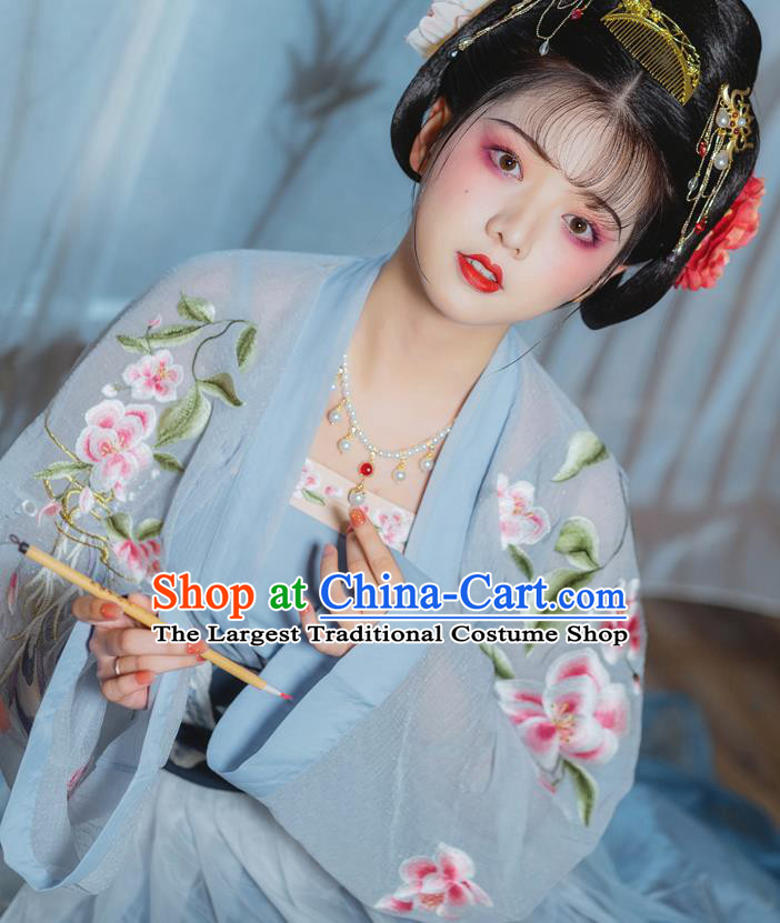 China Ancient Palace Princess Embroidered Clothing Traditional Blue Hanfu Dress Tang Dynasty Court Lady Costumes