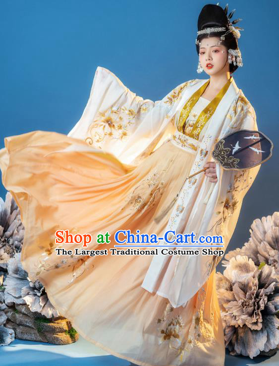 China Ancient Empress Embroidered Clothing Song Dynasty Court Queen Costumes Traditional Yellow Hanfu Dress