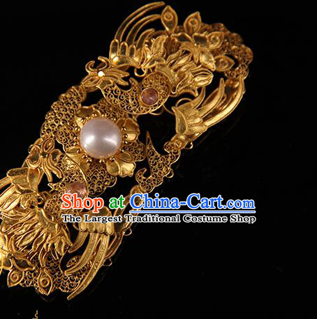 China Ancient Qing Dynasty Empress Golden Hairpin Handmade Queen Golden Phoenix Hair Stick Traditional Palace Headpiece