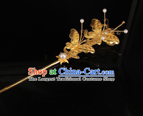 China Handmade Queen Golden Butterfly Hair Stick Ancient Qing Dynasty Empress Hairpin Traditional Palace Headpiece