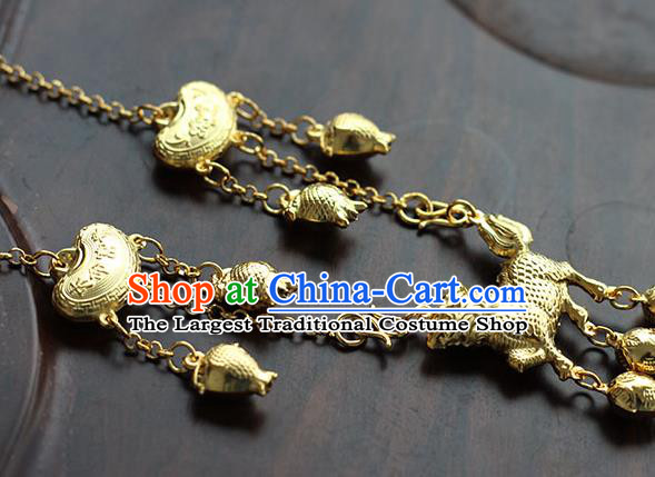 China Ancient Child Golden Kylin Necklace Traditional Ming Dynasty Tassel Longevity Lock