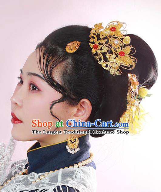China Ancient Ming Dynasty Hair Crown Traditional Palace Hair Jewelry Handmade Court Empress Golden Hairpin