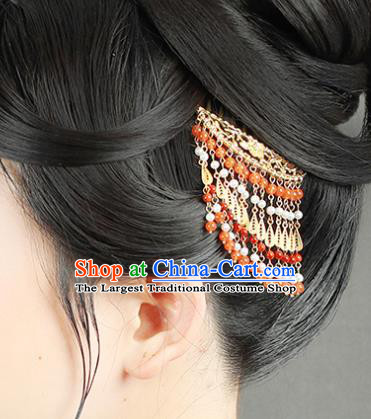 China Traditional Red Beads Tassel Hair Comb Handmade Palace Hair Jewelry Ancient Ming Dynasty Court Golden Peony Hairpin