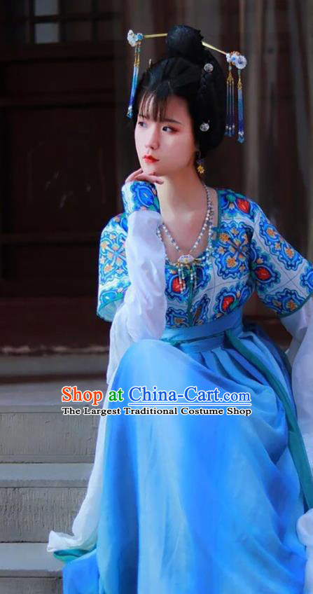 China Traditional Tang Dynasty Royal Princess Historical Clothing Ancient Palace Lady Blue Hanfu Dress