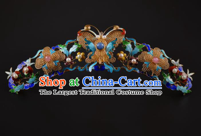 China Traditional Qing Dynasty Palace Pearls Hairpin Handmade Hair Jewelry Ancient Empress Cloisonn Butterfly Hair Crown