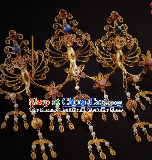 China Handmade Hair Jewelry Ancient Empress Phoenix Hairpin Traditional Tang Dynasty Palace Tassel Hair Crown