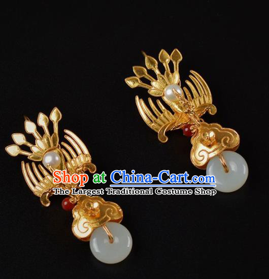 Handmade Chinese Traditional Qing Dynasty Palace Golden Phoenix Earrings Accessories Ancient Court Empress Jade Ring Ear Jewelry