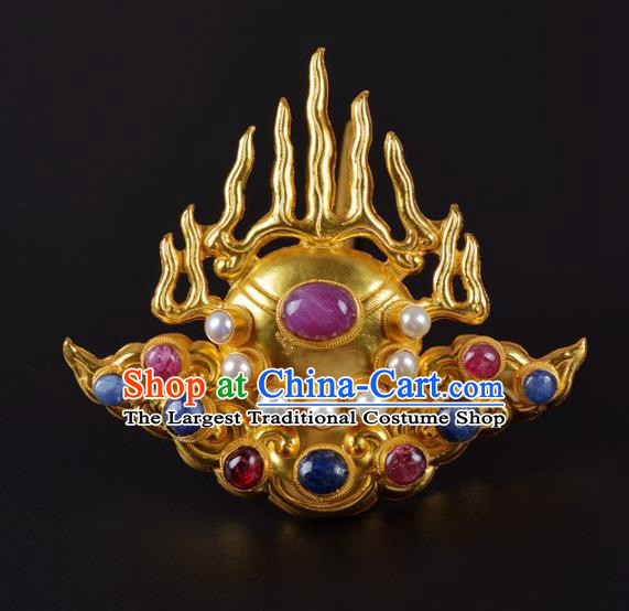 China Handmade Hair Jewelry Ancient Empress Golden Flame Hairpin Traditional Ming Dynasty Palace Gems Hair Crown