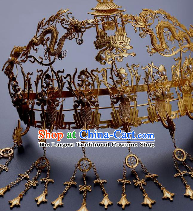 Traditional China Ancient Empress Tassel Phoenix Coronet Handmade Hair Ornament Ming Dynasty Palace Golden Hair Crown