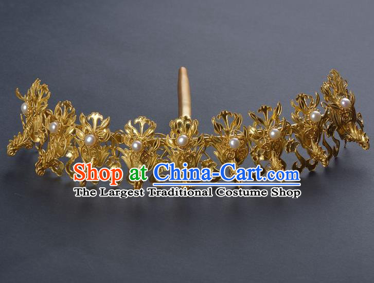 Traditional China Qing Dynasty Palace Golden Phoenix Hair Crown Handmade Hair Ornament Ancient Empress Pearls Hairpin