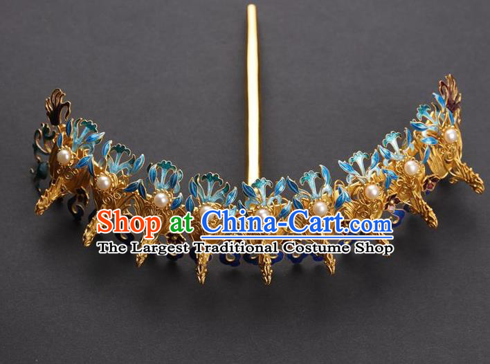 Traditional China Handmade Hair Ornament Ancient Empress Pearls Hairpin Qing Dynasty Palace Cloisonne Phoenix Hair Crown