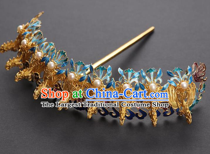 Traditional China Handmade Hair Ornament Ancient Empress Pearls Hairpin Qing Dynasty Palace Cloisonne Phoenix Hair Crown