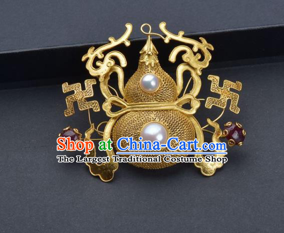 Handmade Chinese Ancient Empress Golden Gourd Breastpin Jewelry Traditional Qing Dynasty Court Pearls Brooch Accessories