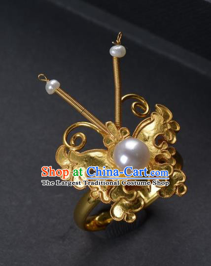 Handmade Chinese Ancient Court Empress Pearls Ring Jewelry Traditional Qing Dynasty Golden Butterfly Ring Accessories