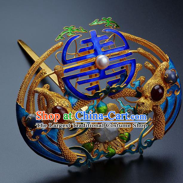 Traditional China Qing Dynasty Palace Cloisonne Hair Crown Handmade Hair Ornament Ancient Empress Gems Hairpin