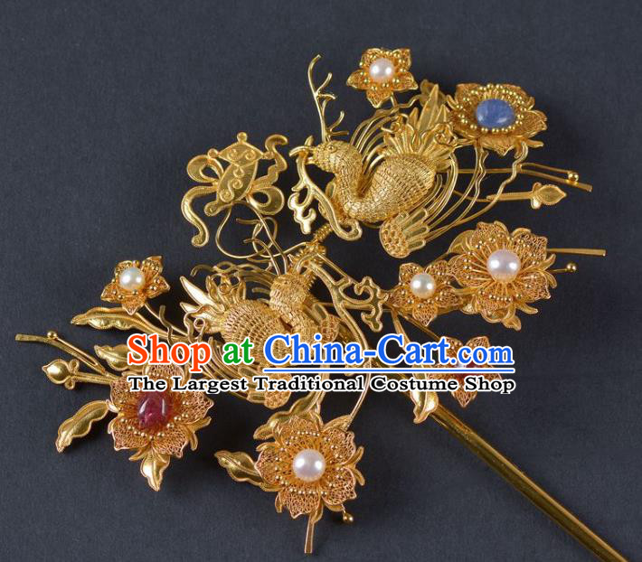 China Traditional Qing Dynasty Palace Golden Phoenix Hair Stick Ancient Empress Pearls Hairpin Handmade Hair Jewelry