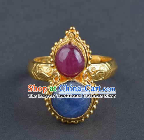 Handmade Chinese Traditional Ming Dynasty Court Gems Gourd Ring Accessories Ancient Empress Jewelry Golden Ring