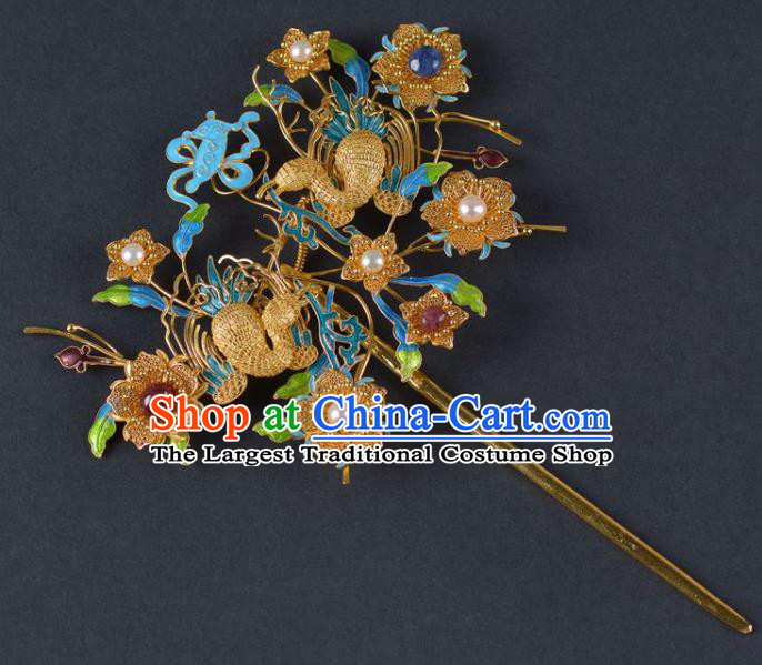 China Ancient Empress Pearls Hairpin Handmade Hair Jewelry Traditional Qing Dynasty Palace Cloisonne Phoenix Hair Stick