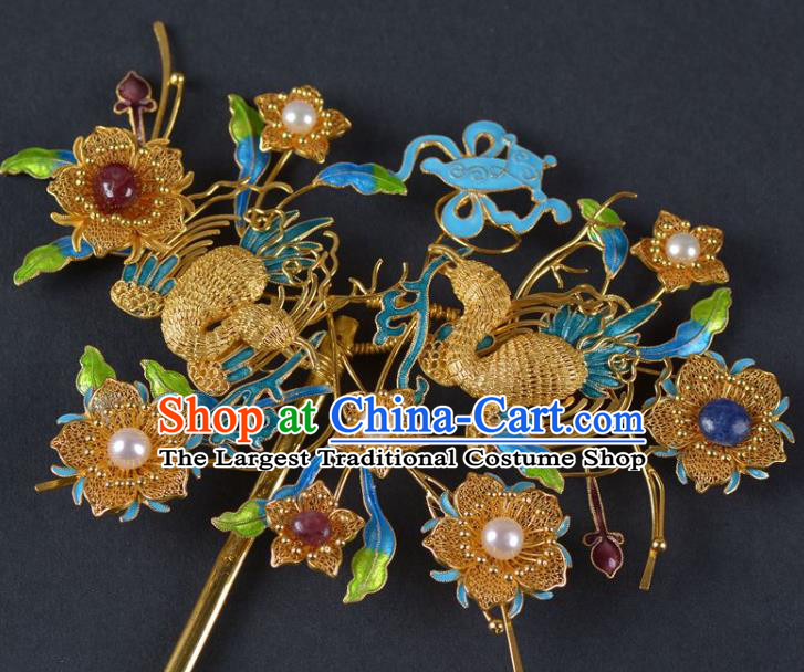 China Ancient Empress Pearls Hairpin Handmade Hair Jewelry Traditional Qing Dynasty Palace Cloisonne Phoenix Hair Stick