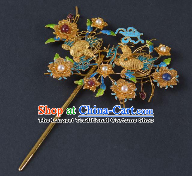 China Ancient Empress Pearls Hairpin Handmade Hair Jewelry Traditional Qing Dynasty Palace Cloisonne Phoenix Hair Stick