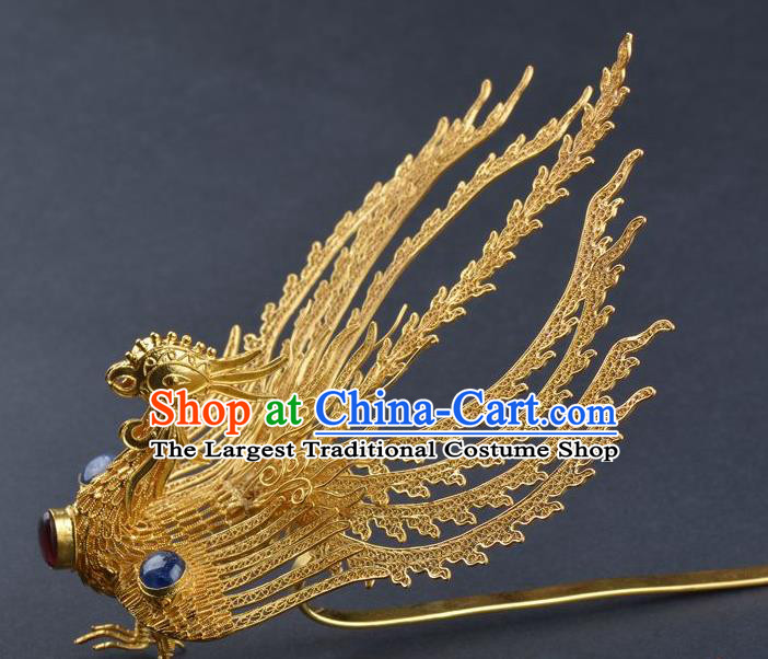 Traditional China Ancient Empress Sapphire Hairpin Handmade Palace Hair Ornament Ming Dynasty Filigree Phoenix Hair Crown