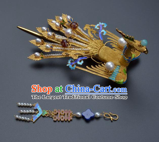 Traditional China Ancient Empress Pearls Hair Stick Qing Dynasty Palace Filigree Phoenix Hairpin Handmade Hair Ornament