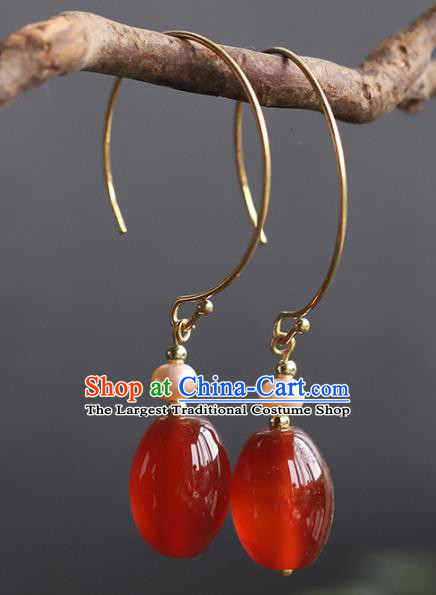 Handmade Chinese Ancient Empress Pearl Earrings Traditional Wedding Agate Ear Accessories