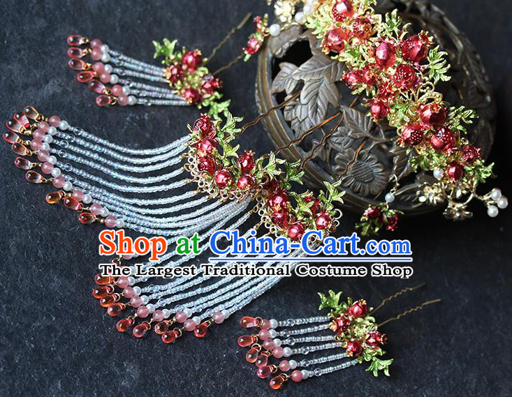 Traditional China Handmade Red Pomegranate Hair Crown Wedding Hair Ornament Ancient Bride Tassel Hairpins Full Set