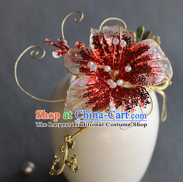 Chinese Hanfu Red Flower Hairpin Traditional Wedding Hair Accessories Ancient Bride Hair Sticks