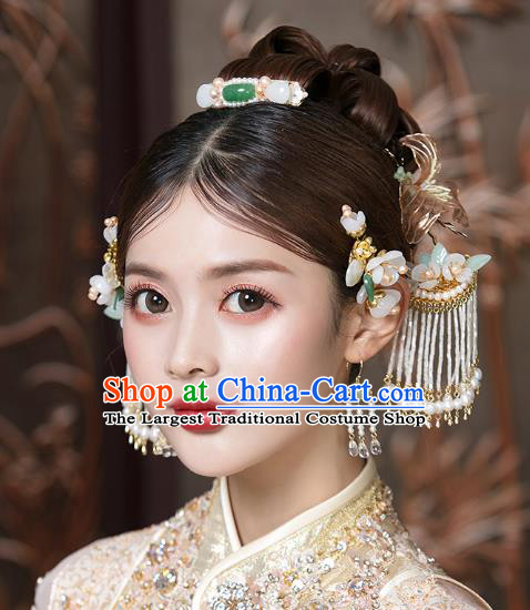 Traditional China Ancient Bride Beads Tassel Hairpins Wedding Hair Ornament Handmade Jade Hair Comb Full Set