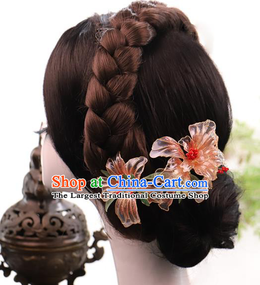 Chinese Ancient Bride Pink Lily Flowers Hair Stick Traditional Hanfu Hairpin Wedding Hair Accessories