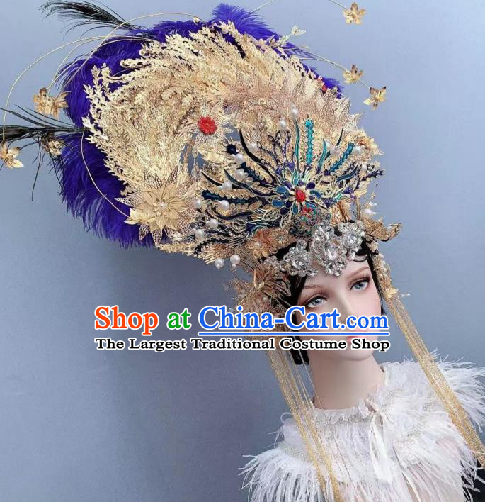 Top Grade Stage Show Blue Feather Phoenix Coronet Handmade Court Queen Deluxe Hair Crown Wedding Hair Ornament
