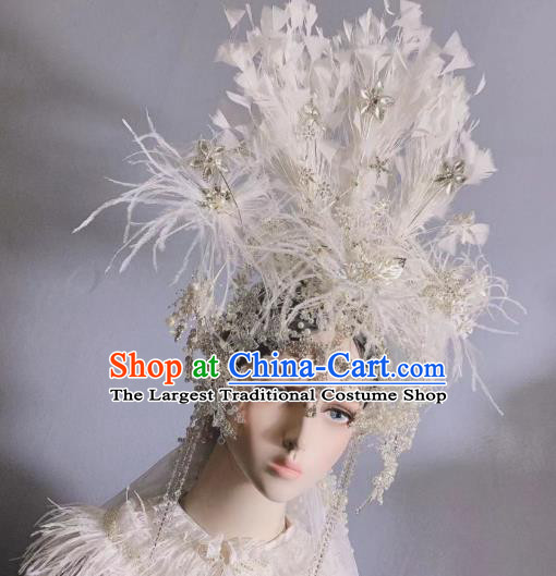 Top Grade Handmade Court Queen Deluxe Hair Accessories Baroque Wedding Bride White Feather Royal Crown Stage Show Hair Ornament