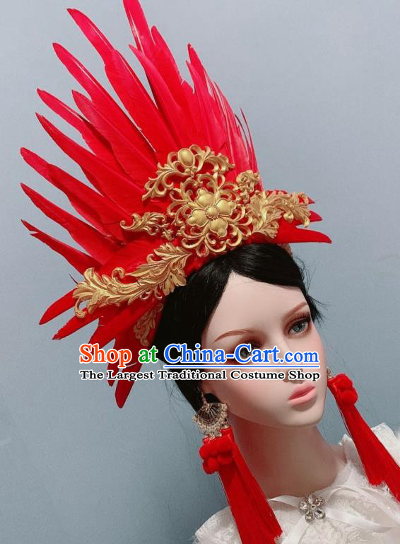 Handmade Stage Show Red Feather Hair Crown Phoenix Coronet Chinese Traditional Wedding Hair Accessories Ancient Empress Headwear