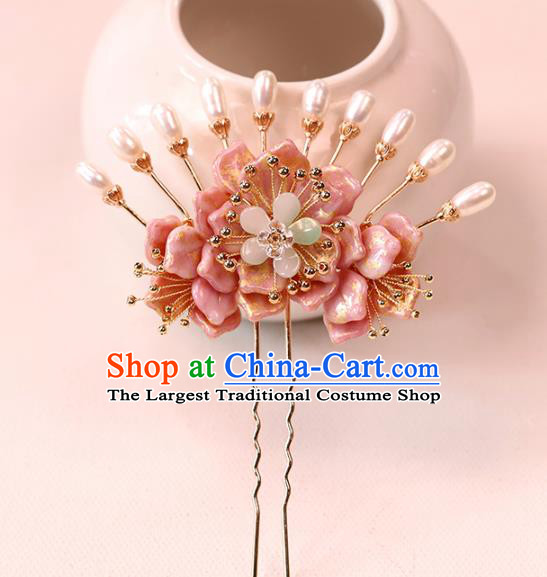 Chinese Traditional Hanfu Pink Flower Hairpin Wedding Hair Accessories Ancient Bride Pearls Hair Stick