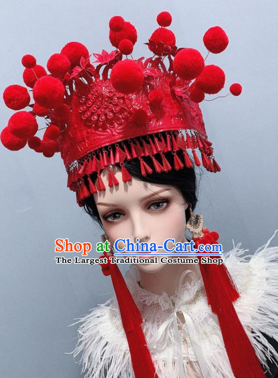 Handmade Chinese Bride Tassel Phoenix Coronet Traditional Wedding Hair Accessories Ethnic Red Hat