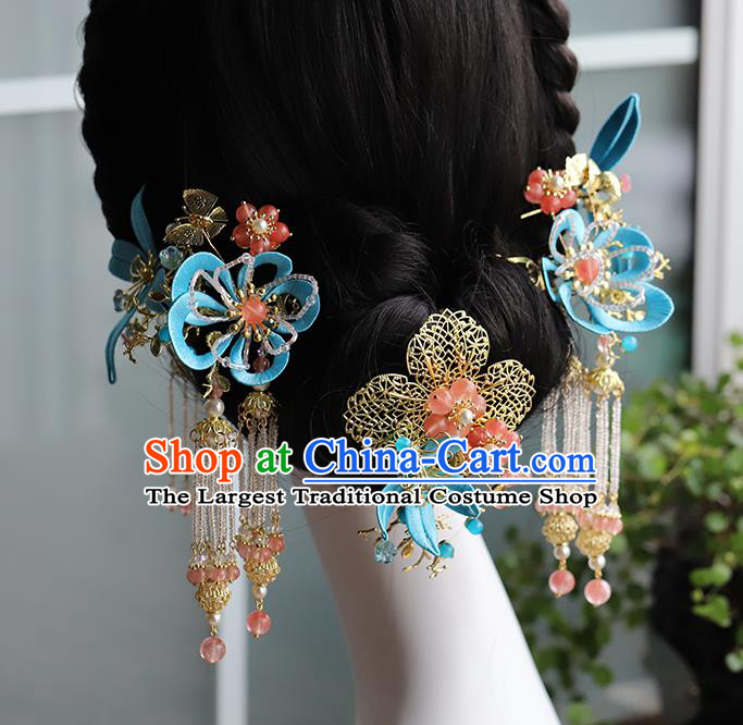 Traditional China Ancient Bride Blue Silk Flower Hair Comb Tassel Hairpins Handmade Wedding Hair Ornament Full Set