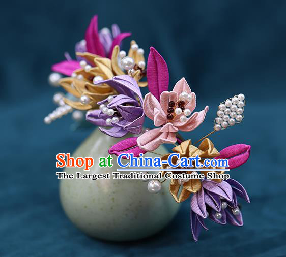 Chinese Traditional Ancient Bride Silk Flowers Hairpin Wedding Hair Accessories Ming Dynasty Hanfu Hair Stick