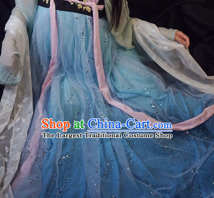 China Traditional Costumes Tang Dynasty Imperial Princess Historical Clothing Ancient Court Lady Blue Hanfu Dress