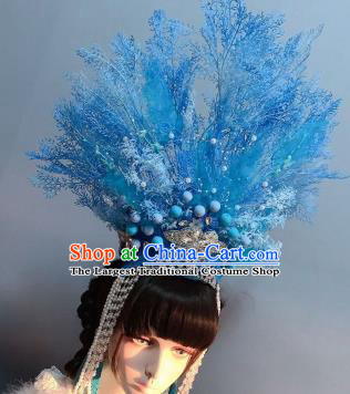 Top Baroque Queen Hat Hair Accessories Handmade Blue Royal Crown Stage Show Hair Ornament