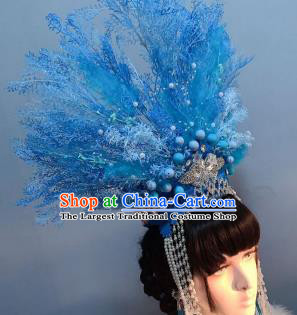 Top Baroque Queen Hat Hair Accessories Handmade Blue Royal Crown Stage Show Hair Ornament