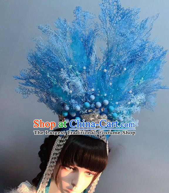 Top Baroque Queen Hat Hair Accessories Handmade Blue Royal Crown Stage Show Hair Ornament