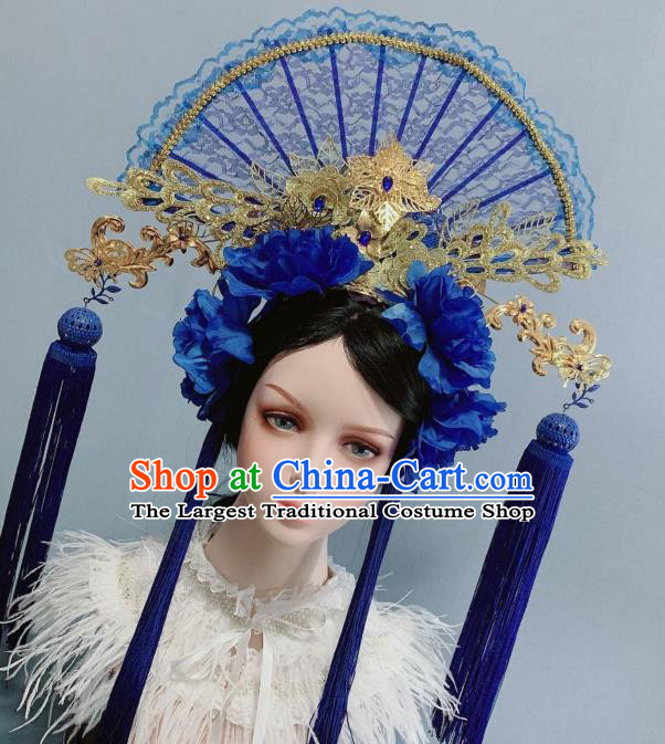 Handmade Chinese Traditional Wedding Hair Accessories Stage Performance Roses Phoenix Coronet Blue Lace Fan Hair Crown