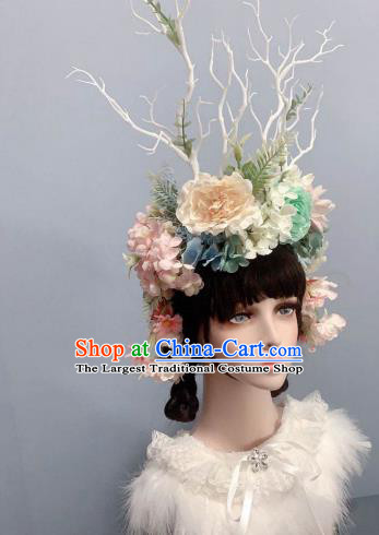 Top Handmade Royal Crown Stage Show Headwear Wedding Princess Hair Accessories White Peony Flowers Chaplet