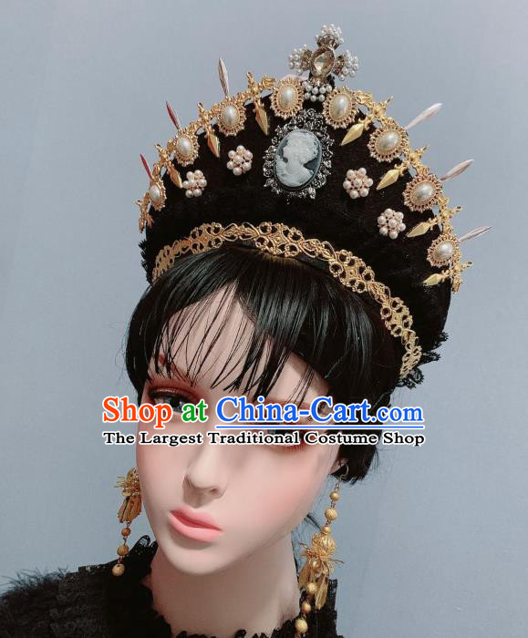 Handmade Europe Queen Pearls Royal Crown Baroque Wedding Hair Accessories Cosplay Goddess Headwear