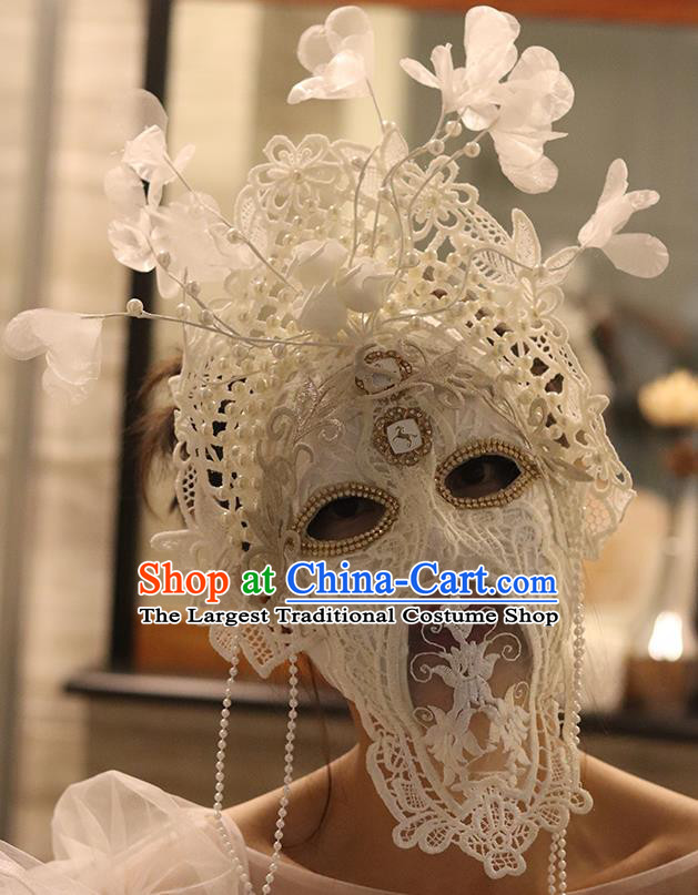 Top Stage Performance Silk Flowers Face Accessories Fancy Ball Decorations Halloween Cosplay Princess White Lace Feather Mask