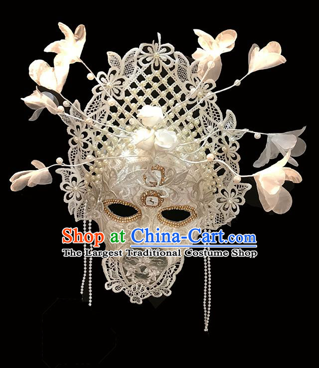 Top Stage Performance Silk Flowers Face Accessories Fancy Ball Decorations Halloween Cosplay Princess White Lace Feather Mask